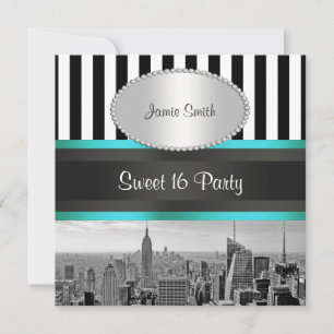 NYC Silhouette BW Zwart Wit Streep Teal P Sweet 16 Kaart