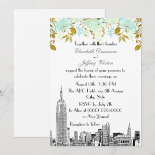 NYC Silhouette ESB Ets Mint Goud Bloem Bruiloft Kaart