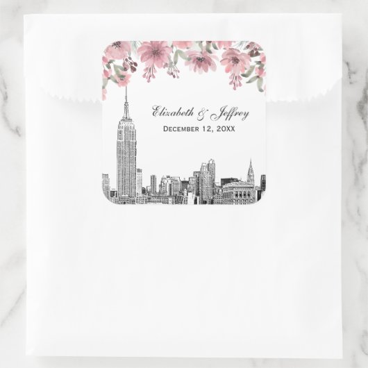 NYC Silhouette ESB Ets Pink Bloemige Waterverf Vierkante Sticker (Tas)