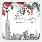 NYC Silhouette ESB Etswerk Burgundy Groen Bloemens Vierkante Sticker (Voorkant)