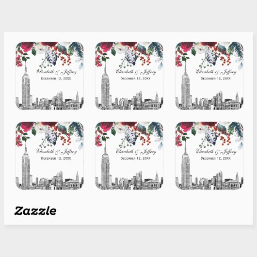 NYC Silhouette ESB Etswerk Burgundy Groen Bloemens Vierkante Sticker (Vel)