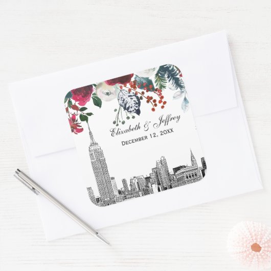 NYC Silhouette ESB Etswerk Burgundy Groen Bloemens Vierkante Sticker (Envelop)
