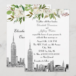 NYC Silhouette ESB Witte Bloemenschildering Waterv Kaart