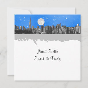 NYC Silhouette Gegraveerde Uitzicht Maan Lt Blauw Kaart