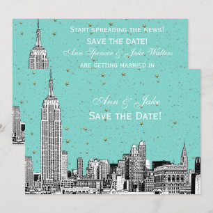 NYC Skyline 01 Etch DIY BG Color Save the Date Tur Kaart