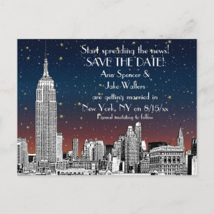 NYC Skyline 01 Etched Sunset Starry Bewaar de datu Aankondigingskaart