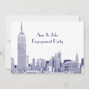 NYC Skyline 01 Etched Wht Engagement Party Blue Kaart