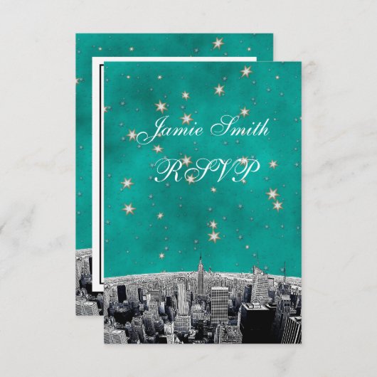 NYC Skyline 2 Turquoise Gold Star RSVP avec menu (Devant / Derrière)