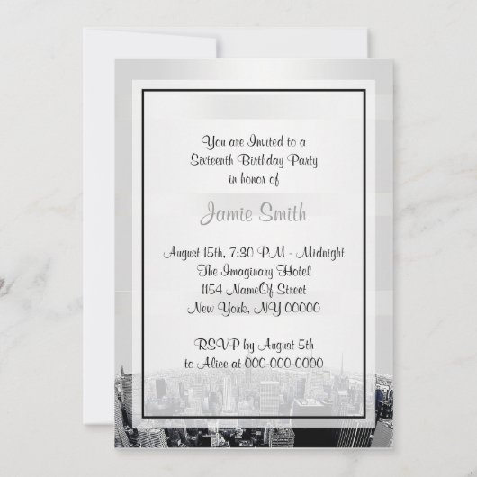 NYC Skyline 2 White, Blue Ribbon Sweet 16 Kaart (Achterkant)