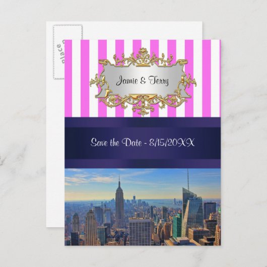 NYC Skyline B2 Roze Witte Stripe sparen de Datum Aankondigingskaart (Voorkant / Achterkant)