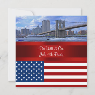 NYC Skyline Bklyn Bridge USA Flag Red W Blue Party Kaart