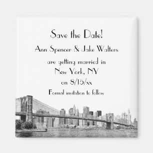 NYC Skyline Brooklyn Bridge Etched Save the Date Magneet