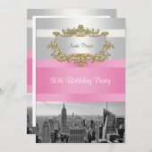 NYC Skyline BW 05 Blanc, Invitation d'anniversaire (Devant / Derrière)