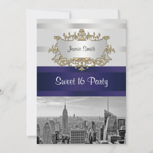 NYC Skyline BW 05 White Navy 2 Sweet 16 Invite Kaart
