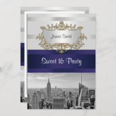 NYC Skyline BW 05 White Navy 2 Sweet 16 Uitnodigen Kaart (Voorkant / Achterkant)