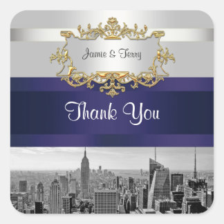 NYC Skyline BW 05 White Navy Invit Suite Dank u Vierkante Sticker