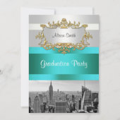 NYC Skyline BW 05 White Turquoise Invitation (Devant)