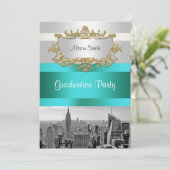 NYC Skyline BW 05 White Turquoise Invitation (Debout devant)