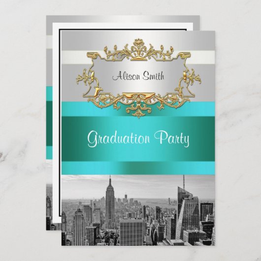 NYC Skyline BW 05 White Turquoise Invitation (Devant / Derrière)