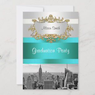 NYC Skyline BW 05 White Turquoise Invitation