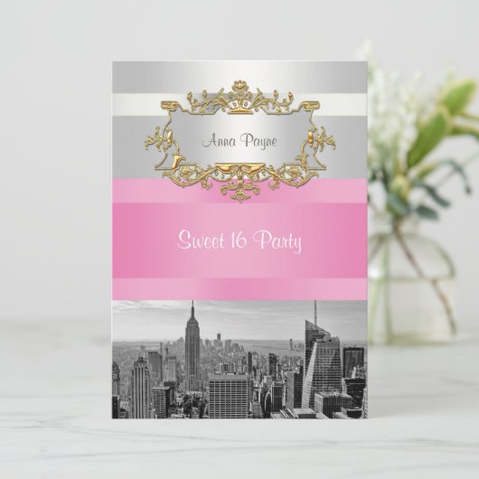 NYC Skyline BW 05 Wit, Roze Sweet 16 Party Kaart (Staand voorkant)