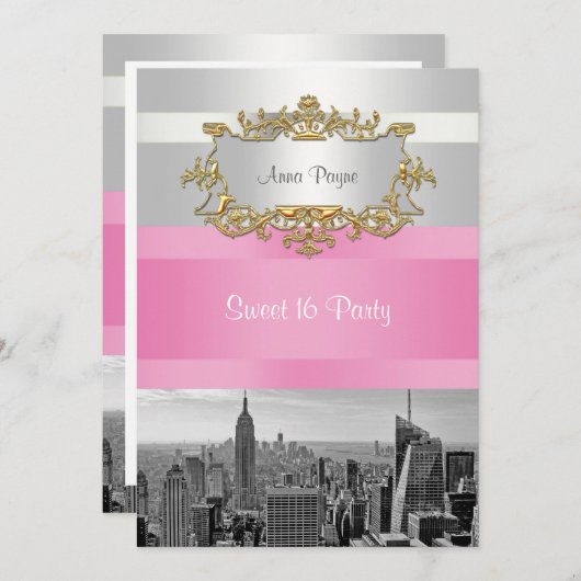 NYC Skyline BW 05 Wit, Roze Sweet 16 Party Kaart (Voorkant / Achterkant)