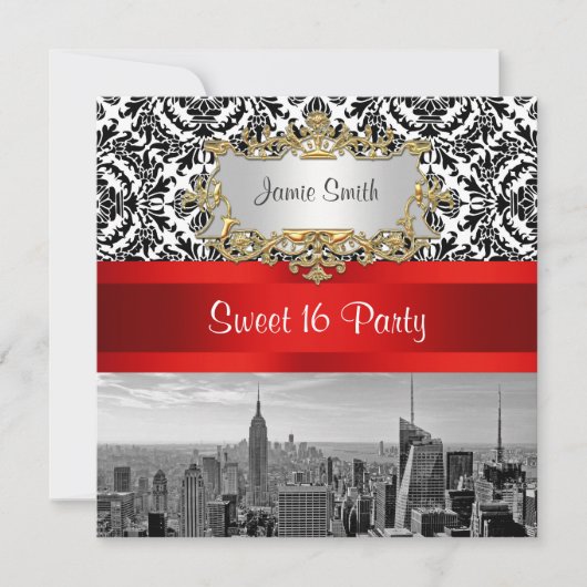 NYC Skyline BW 432 Damask - Sweet 16 Invitation de (Devant)