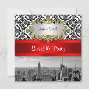 NYC Skyline BW 432 Damask - Sweet 16 Party Invite Kaart