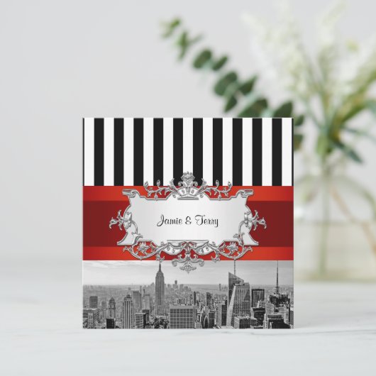 NYC Skyline BW B2 bruiloft uitnodiging F2 (Staand voorkant)