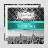 NYC Skyline BW B3 Damask - Sweet 16 Invitation de (Devant / Derrière)