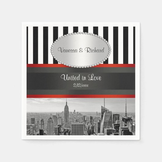 NYC Skyline BW Black White Stripe P Wedding Servetten (Voorkant)