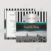 NYC Skyline BW Blk Wht Strp Blauwgroen P Sweet 16  Kaart (Voorkant / Achterkant)