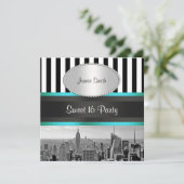 NYC Skyline BW Blk Wht Strp Blauwgroen P Sweet 16  Kaart (Staand voorkant)