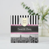 NYC Skyline BW BLK WHT STRP Pink H Sweet 16 Party Kaart (Staand voorkant)