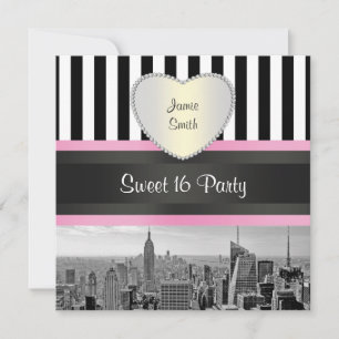 NYC Skyline BW BLK WHT STRP Pink H Sweet 16 Party Kaart