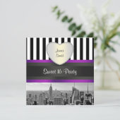 NYC Skyline BW BLK WHT STRP Purpl H Sweet 16 Party Kaart (Staand voorkant)