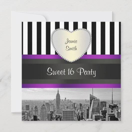 NYC Skyline BW BLK WHT STRP Purpl H Sweet 16 Party Kaart (Voorkant)