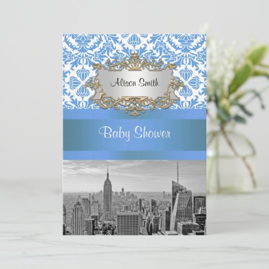 NYC Skyline BW D4 Damask Baby shower Invitation V (Debout devant)