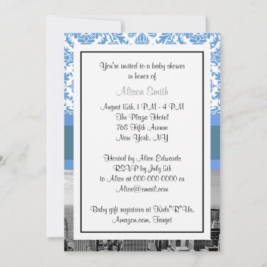 NYC Skyline BW D4 Damask Baby shower Invitation V (Dos)
