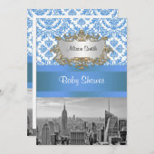 NYC Skyline BW D4 Damask Baby shower Invitation V (Devant / Derrière)