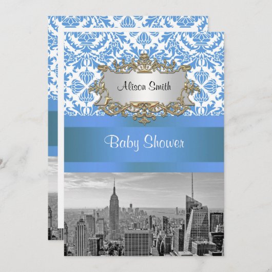 NYC Skyline BW D4 Damask Baby shower Invitation V (Devant / Derrière)