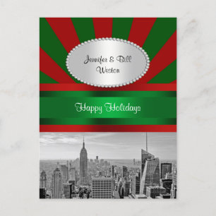 NYC Skyline ESB BW Red Green Rays Red P Christmas Feestdagenkaart