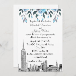 NYC Skyline ESB Etch Blue Gray Floral Wedding Kaart