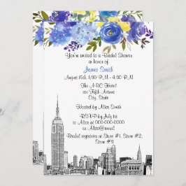 NYC Skyline ESB Etch Blue Yel Floral Vrijgezellenf Kaart