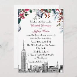 NYC Skyline ESB Etch Burg Blu Green Floral Wedding Kaart