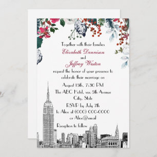 NYC Skyline ESB Etch Burg Blu Green Floral Wedding Kaart