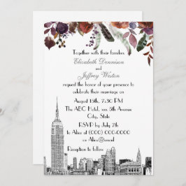NYC Skyline ESB Etch Burgundy Plum Floral Wedding Kaart