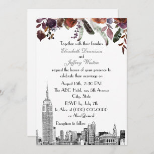 NYC Skyline ESB Etch Burgundy Plum Floral Wedding Kaart