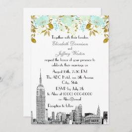 NYC Skyline ESB Etch Mint Gold Floral Wedding Kaart
