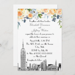 NYC Skyline ESB Etch Peach Blues Floral Wedding Kaart